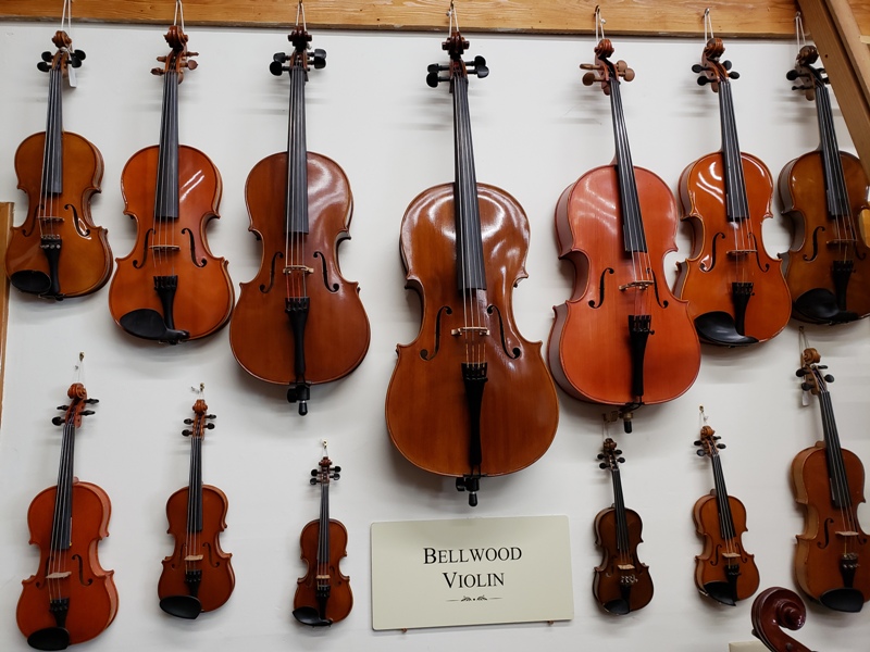 Display of different sized violins